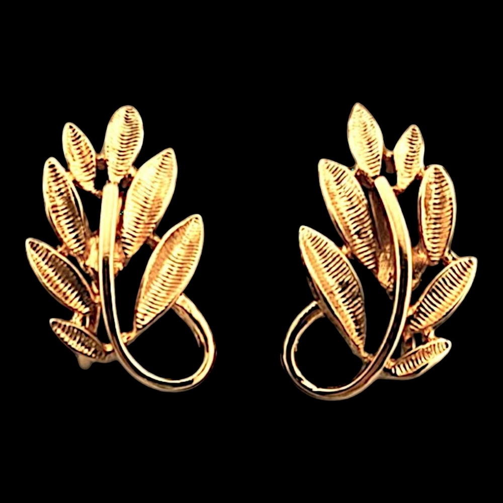 Vintage Signed Napier Clip Earrings, Textured Gold Tone Leaves
